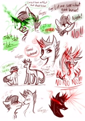 Size: 2893x4092 | Tagged: safe, artist:snowballflo, oc, oc only, pony, unicorn, angry, blushing, bust, chest fluff, corrupted, dialogue, female, glowing, glowing horn, horn, male, mare, sketch, sketch dump, sombra eyes, stallion, unicorn oc