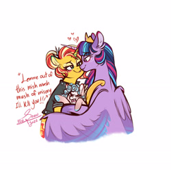 Size: 2893x2893 | Tagged: safe, artist:snowballflo, cozy glow, sunset shimmer, twilight sparkle, alicorn, pegasus, pony, unicorn, g4, adopted offspring, angry, bedroom eyes, crown, female, filly, foal, high res, hug, jewelry, lesbian, makeup, mare, regalia, ship:sunsetsparkle, shipping, signature, simple background, smiling, twilight sparkle (alicorn), white background