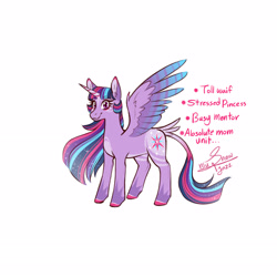 Size: 2893x2893 | Tagged: safe, artist:snowballflo, twilight sparkle, alicorn, pony, g4, ethereal mane, female, high res, leonine tail, mare, signature, simple background, smiling, solo, starry mane, tail, twilight sparkle (alicorn), ultimate twilight, white background