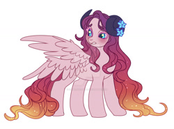 Size: 1280x949 | Tagged: safe, artist:kusacakusaet, oc, oc only, pony, deviantart watermark, ethereal mane, eyelashes, female, flower, flower in hair, horns, looking back, mare, obtrusive watermark, simple background, solo, starry mane, watermark, white background, wings, worried