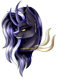 Size: 2025x2733 | Tagged: safe, artist:beamybutt, oc, oc only, bicorn, pony, bust, chains, ear fluff, grin, high res, horn, horn jewelry, jewelry, multiple horns, simple background, smiling, solo, transparent background