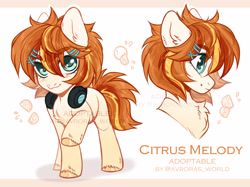 Size: 3350x2500 | Tagged: safe, artist:avroras_world, oc, oc only, earth pony, pony, accessories, adoptable, auction, chest fluff, ear fluff, female, fluffy, hairpin, headphones, looking at you, mare, reference sheet, short hair, short mane, short tail, simple background, smiling, solo, solo female, tail, white background