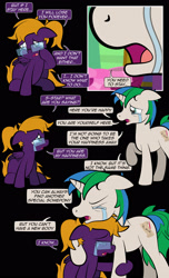 Size: 1920x3168 | Tagged: safe, artist:alexdti, oc, oc only, oc:purple creativity, oc:star logic, pegasus, pony, unicorn, comic:quest for friendship, comic, confession, crying, dialogue, ears back, eye contact, eyes closed, female, femboy, folded wings, glasses, high res, hooves, horn, hug, looking at each other, looking at someone, male, mare, open mouth, pegasus oc, raised hoof, sad, sitting, speech bubble, stallion, standing, two toned mane, unicorn oc, wings