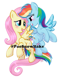 Size: 600x800 | Tagged: safe, artist:kei111, fluttershy, rainbow dash, pegasus, pony, g4, blushing, female, flying, lesbian, lidded eyes, looking at each other, looking at someone, mare, obtrusive watermark, open mouth, open smile, ship:flutterdash, shipping, simple background, smiling, spread wings, transparent background, watermark, wings