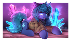 Size: 3840x2160 | Tagged: safe, artist:ask-colorsound, oc, oc only, oc:arclight, pony, unicorn, clothes, crystal, female, gem, jacket, leather, leather jacket, looking at you, lying down, mare, scarf, smiling, smiling at you, solo