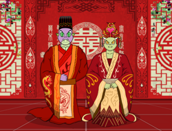 Size: 2048x1556 | Tagged: safe, artist:spike-love, spike, oc, oc:jade (queencold), dragon, g4, adult, angry, celebration room, character:fu-dao-long, character:mei-jia-ling, chinese dress, clothes, couple, dress, female, male, marriage, ship:jadespike, standing, wedding, wedding dress