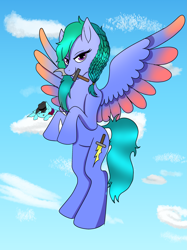 Size: 2357x3144 | Tagged: safe, artist:lullabyjak, oc, oc only, oc:crimson rose, pegasus, pony, cloud, high res, knife, mouth hold, on a cloud, sky background, sleeping, sleeping on a cloud, solo focus