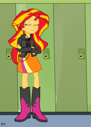Size: 1718x2400 | Tagged: safe, artist:anonymous, sunset shimmer, human, equestria girls, g4, better source needed, boots, clothes, headphones, high heel boots, jacket, shirt, shoes, skirt, solo