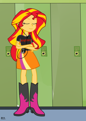 Size: 1718x2400 | Tagged: safe, artist:anonymous, sunset shimmer, human, equestria girls, g4, better source needed, boots, clothes, headphones, high heel boots, shirt, shoes, simple background, skirt, solo