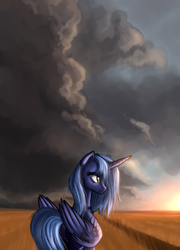 Size: 1158x1610 | Tagged: safe, artist:not-ordinary-pony, derpibooru exclusive, princess luna, alicorn, pony, g4, cloud, cloudscape, female, food, mare, missing accessory, rear view, s1 luna, sad, scenery, sky, solo, storm, sunset, wheat