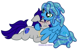 Size: 1000x632 | Tagged: safe, artist:jennieoo, oc, oc:maverick, oc:ocean soul, earth pony, pegasus, pony, blushing, comforting, couple, crying, cuddling, hug, love, married couple, show accurate, simple background, soulverick, transparent background, vector
