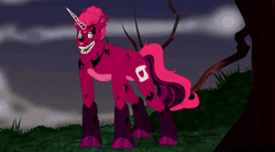 Size: 694x386 | Tagged: safe, artist:sanekk, oc, oc only, oc:venus red heart, pony, unicorn, animated, animatronic, broken horn, commission, crossover, fangs, female, five nights at freddy's, gif, glasses, grass, grin, horn, mare, markings, night, red eyes take warning, smiling, solo, tree, unshorn fetlocks, ych result