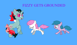 Size: 1396x828 | Tagged: safe, artist:elidapony64, artist:flutterflyraptor, artist:tomypony345, edit, baby half note, baby sundance, fizzy, earth pony, pony, twinkle eyed pony, g1, g4, baby, baby hawwlf note, baby pony, baby sundawwnce, blue background, cute, female, filly, fizzybetes, foal, grounded, mare, nursery twins, purple text, siblings, simple background, sisters, text, trio, twins