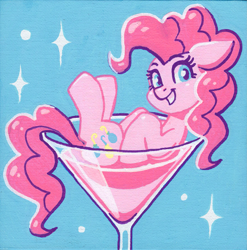 Size: 1759x1780 | Tagged: safe, artist:dandy, pinkie pie, earth pony, pony, g4, acrylic painting, cocktail glass, cup, cup of pony, female, floppy ears, looking at you, martini glass, micro, smiling, solo, traditional art