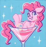 Size: 1759x1780 | Tagged: safe, artist:dandy, pinkie pie, earth pony, pony, acrylic painting, cocktail glass, cup, cup of pony, female, floppy ears, looking at you, martini glass, micro, smiling, solo, traditional art