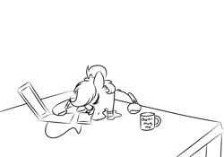Size: 1000x700 | Tagged: safe, artist:fuckomcfuck, oc, oc only, oc:doodles, pegasus, pony, computer, demi-girl, drawing tablet, drool, eyes closed, food, laptop computer, monochrome, mug, open mouth, pegasus oc, simple background, sleeping, solo, table, tea, white background