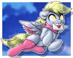 Size: 1298x1035 | Tagged: safe, artist:llametsul, derpy hooves, pegasus, pony, g4, atg 2022, chest fluff, clothes, colored, cute, derpabetes, ear fluff, female, floppy ears, flying, heart, hockless socks, letter, love letter, mare, mouth hold, newbie artist training grounds, no pupils, scarf, signature, socks, solo, spread wings, stockings, thigh highs, wings