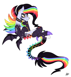 Size: 3785x4080 | Tagged: safe, artist:princessmoonsilver, oc, oc only, oc:cosmic mayhem, draconequus, bat wings, draconequus oc, ear piercing, earring, grin, high res, jewelry, multicolored hair, nose piercing, piercing, rainbow hair, rainbow tail, signature, simple background, smiling, solo, tail, transparent background, wings
