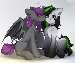 Size: 2900x2454 | Tagged: safe, artist:ggashhhhissh, oc, bat pony, earth pony, pony, commission, cute, high res, kissing, oc x oc, shipping, simple background, ych result
