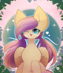 Size: 1900x2200 | Tagged: safe, artist:miryelis, fluttershy, pegasus, pony, g4, big ears, cute, hairstyle, heart, heart eyes, impossibly large ears, leaves, long hair, looking at you, one eye closed, simple background, sitting, smiling, smiling at you, solo, wingding eyes, wink, winking at you