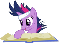 Size: 1366x981 | Tagged: safe, artist:sollace, derpibooru exclusive, twilight sparkle, pony, unicorn, g4, it's about time, alternate hairstyle, bandage, book, cute, messy mane, open mouth, simple background, solo, transparent background, unicorn twilight, vector