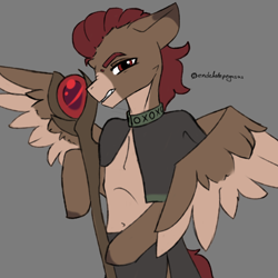 Size: 2500x2500 | Tagged: safe, artist:endelthepegasus, oc, oc only, pegasus, semi-anthro, arm hooves, belly button, cane, cape, clothes, floppy ears, high res, looking at you, male, solo, staff, teeth