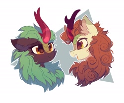 Size: 2400x2000 | Tagged: safe, artist:mirtash, autumn blaze, cinder glow, summer flare, kirin, abstract background, bust, duo, duo female, ear fluff, female, floppy ears, heart, looking at each other, looking at someone, mare, open mouth, portrait, profile, white background