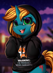 Size: 2601x3549 | Tagged: safe, artist:pridark, part of a set, oc, oc only, fox, pony, unicorn, clothes, commission, cutie mark, english, high res, hoodie, horn, looking at you, open mouth, text, unicorn oc, ych result