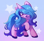Size: 2047x1923 | Tagged: safe, artist:strawberryc208, izzy moonbow, pony, unicorn, g5, beanbrows, cute, eye clipping through hair, eyebrows, eyebrows visible through hair, hair over one eye, izzybetes, looking at you, one eye closed, raised hoof, simple background, solo, wink