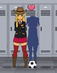 Size: 474x607 | Tagged: safe, artist:imyouknowwho, applejack, human, equestria girls, g4, boots, cabinet, clothes, cowboy boots, football, freckles, green eyes, hat, heart, high heel boots, humanized, kisekae, long hair, long socks, shadow, shoes, socks, solo, sports, thigh highs