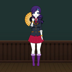 Size: 562x563 | Tagged: safe, artist:imyouknowwho, rarity, human, equestria girls, g4, blue eyes, boots, bracelet, clothes, curly hair, hairpin, high heel boots, humanized, jewelry, kisekae, looking at you, necktie, school uniform, shoes, skirt, solo
