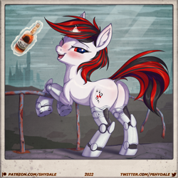 Size: 1350x1350 | Tagged: safe, artist:shydale, oc, oc only, oc:blackjack, cyborg, cyborg pony, pony, unicorn, fallout equestria, fallout equestria: project horizons, alcohol, augmented, bipedal, bipedal leaning, blushing, bottle, butt, cyber eyes, cyber legs, cybernetic legs, drunk, drunk bubbles, ear fluff, fanfic art, featureless crotch, female, flushed face, frame, hoofington, horn, leaning, light rays, magic, one eye closed, open mouth, plot, prosthetics, raised tail, red and black mane, scenery, small horn, solo, tail, telekinesis, tongue out, whiskey, wild pegasus, wink
