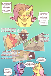 Size: 960x1440 | Tagged: safe, artist:cold-blooded-twilight, big macintosh, fluttershy, twilight sparkle, oc, pony, comic:cold storm, blushing, comic, dialogue, eyes closed, flower, freckles, ponytail, speech bubble, tongue out