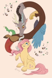 Size: 1365x2048 | Tagged: safe, artist:faeriejadie, discord, fluttershy, draconequus, pegasus, pony, discordant harmony, g4, duo, female, hair over one eye, looking at each other, looking at someone, male, simple background, singing, teabag