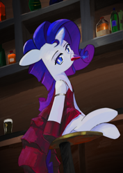Size: 2480x3508 | Tagged: safe, artist:solid shrimp, rarity, pony, unicorn, g4, alcohol, bar, clothes, dress, drinking, guinness, high res, hoof gloves, red dress, sitting, solo, whiskey, wine, wip