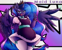 Size: 3401x2765 | Tagged: safe, alternate version, artist:canvymamamoo, princess luna, alicorn, anthro, g4, big breasts, blushing, breasts, busty princess luna, clothes, cuffs (clothes), ear fluff, eyebrows, eyebrows visible through hair, eyeshadow, female, heart, heart eyes, high res, jewelry, lidded eyes, looking at you, maid, makeup, open mouth, peace sign, regalia, smiling, socks, solo, spread wings, stockings, thigh highs, wide hips, wingding eyes, wings