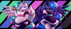Size: 4096x1665 | Tagged: safe, artist:canvymamamoo, princess celestia, princess luna, alicorn, anthro, g4, abstract background, big breasts, blushing, breasts, busty princess celestia, busty princess luna, cake, cake slice, clothes, cuffs (clothes), cupcake, duo, ear fluff, eyebrows, eyebrows visible through hair, eyeshadow, female, food, heart, heart eyes, holding, jewelry, lidded eyes, looking at you, maid, maidlestia, makeup, open mouth, peace sign, regalia, royal sisters, serving tray, siblings, sisters, smiling, smug, socks, spread wings, stockings, thigh highs, wide hips, wingding eyes, wings
