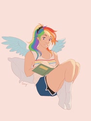 Size: 1536x2048 | Tagged: safe, artist:faeriejadie, rainbow dash, human, g4, book, clothes, hairband, humanized, missing shoes, ponytail, reading, shorts, socks, solo, stocking feet, tank top, winged humanization, wings