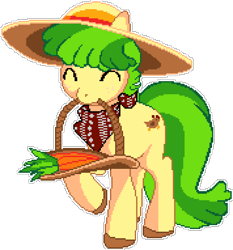 Size: 1068x1146 | Tagged: safe, artist:akitamonster, artist:epicvon, chickadee, ms. peachbottom, earth pony, pony, g4, bandana, basket, carrot, eyes closed, female, food, hat, manepxls, mare, mouth hold, pixel art, pxls.space, raised hoof, simple background, solo, sun hat, transparent background
