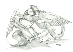 Size: 1400x1002 | Tagged: safe, artist:baron engel, fluttershy, pegasus, shark, anthro, unguligrade anthro, g4, female, mare, monochrome, pencil drawing, plushie, shark plushie, simple background, solo, story included, traditional art, white background