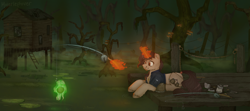 Size: 4500x2000 | Tagged: safe, artist:molars, oc, oc only, pony, unicorn, fallout equestria, apocalypse, commission, detailed background, fallout, fishing, glowing, glowing horn, horn, levitation, lying down, magic, skull, solo, swamp, telekinesis, unshorn fetlocks