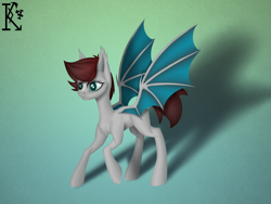 Size: 4000x3000 | Tagged: safe, artist:kirov, oc, oc only, oc:floppy labourer, bat pony, pony, bat pony oc, bat wings, blank flank, chest fluff, colored wings, commission, cyan eyes, g5 oc, gradient background, raised hoof, signature, solo, spread wings, two toned mane, two toned wings, wings