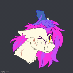Size: 500x500 | Tagged: safe, artist:molars, oc, oc only, oc:molars, pegasus, pony, animated, chest fluff, disembodied hand, female, female focus, floppy ears, freckles, gif, hand, magic, magic hands, mare, one eye closed, pet, petting, pink mane, purple mane, ruffled hair, scar, solo focus, torn ear, yellow eyes