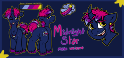 Size: 3177x1494 | Tagged: safe, artist:sexygoatgod, oc, oc only, oc:midnight star, pony, unicorn, butt, curved horn, dock, ear piercing, horn, jewelry, male, necklace, piercing, plot, reference sheet, solo, stallion, tail