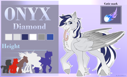 Size: 4900x3000 | Tagged: safe, alternate version, artist:berielmoest, big macintosh, princess cadance, trouble shoes, oc, oc:onyx diamond, pegasus, pony, g4, big, big pony, big tail, chest fluff, cutie mark, drool, ear fluff, eyebrows, eyebrows visible through hair, fluffy, large wings, long tongue, looking at you, reference, reference sheet, sfw version, sheet, size difference, smiling, smiling at you, solo, tail, tongue out, wings