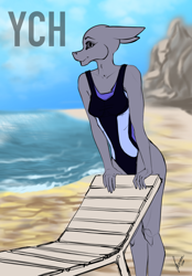 Size: 1640x2360 | Tagged: safe, artist:stirren, anthro, beach, beach chair, chair, clothes, commission, female, ocean, one-piece swimsuit, solo, summer, swimsuit, water, your character here