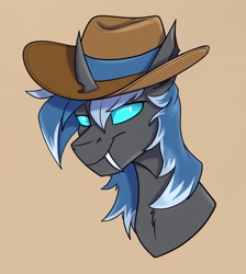 Size: 1193x1333 | Tagged: safe, artist:rutkotka, oc, oc only, changeling, commission, cowboy hat, hat, simple background, solo, tan background, ych result