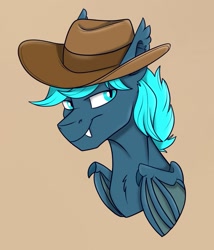 Size: 1269x1481 | Tagged: safe, artist:rutkotka, oc, oc only, bat pony, pony, commission, cowboy hat, hat, simple background, solo, tan background, ych result