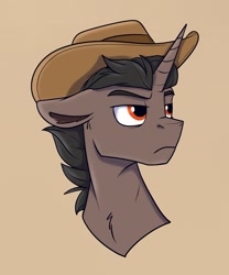Size: 1077x1297 | Tagged: safe, artist:rutkotka, oc, oc only, pony, unicorn, commission, cowboy hat, hat, simple background, solo, tan background, ych result
