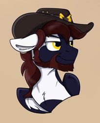 Size: 1013x1237 | Tagged: safe, artist:rutkotka, oc, oc only, pegasus, pony, commission, cowboy hat, hat, simple background, solo, tan background, ych result